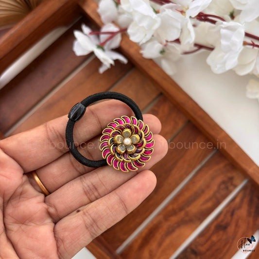 Pink Kundan Floral Moon Hair Tie with Pearl