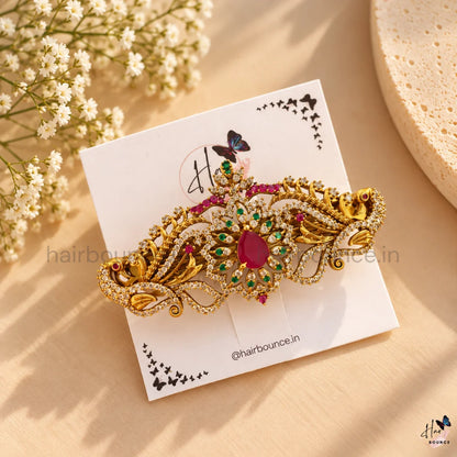 Royal Peacock Floral Kemp Center Hair Clip – Ruby Green