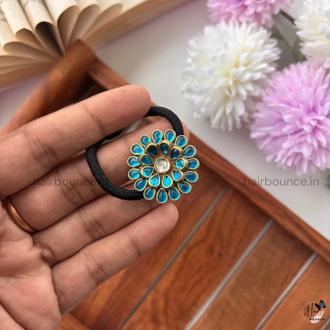 Royal Teal Kundan Bloom Hair Tie