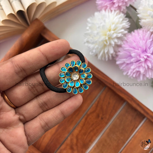 Royal Teal Kundan Bloom Hair Tie