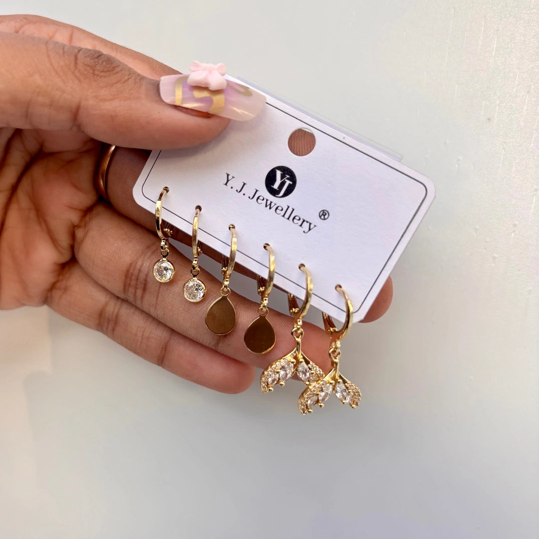 Elegant Drop & Fish Tail Hoop Set - Set of 3