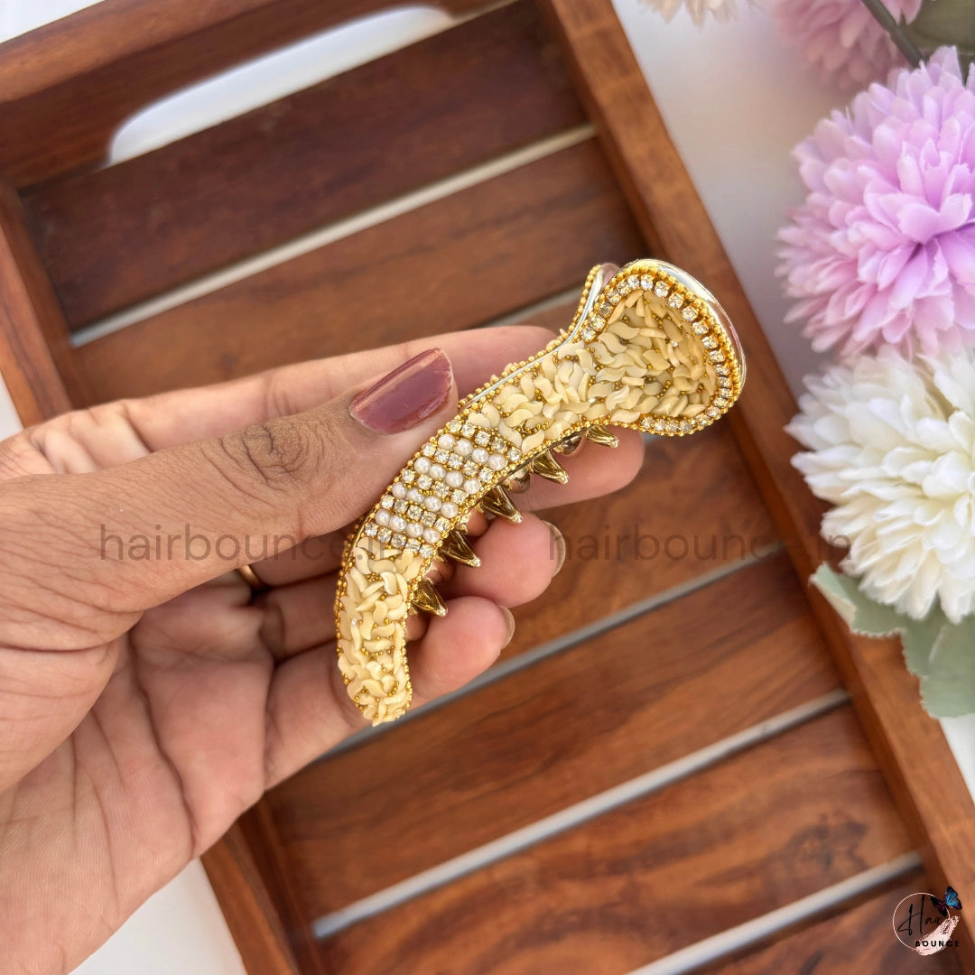 Royal Pearl Mosaic Curved Hair Claw – Premium Designer Banana Clip