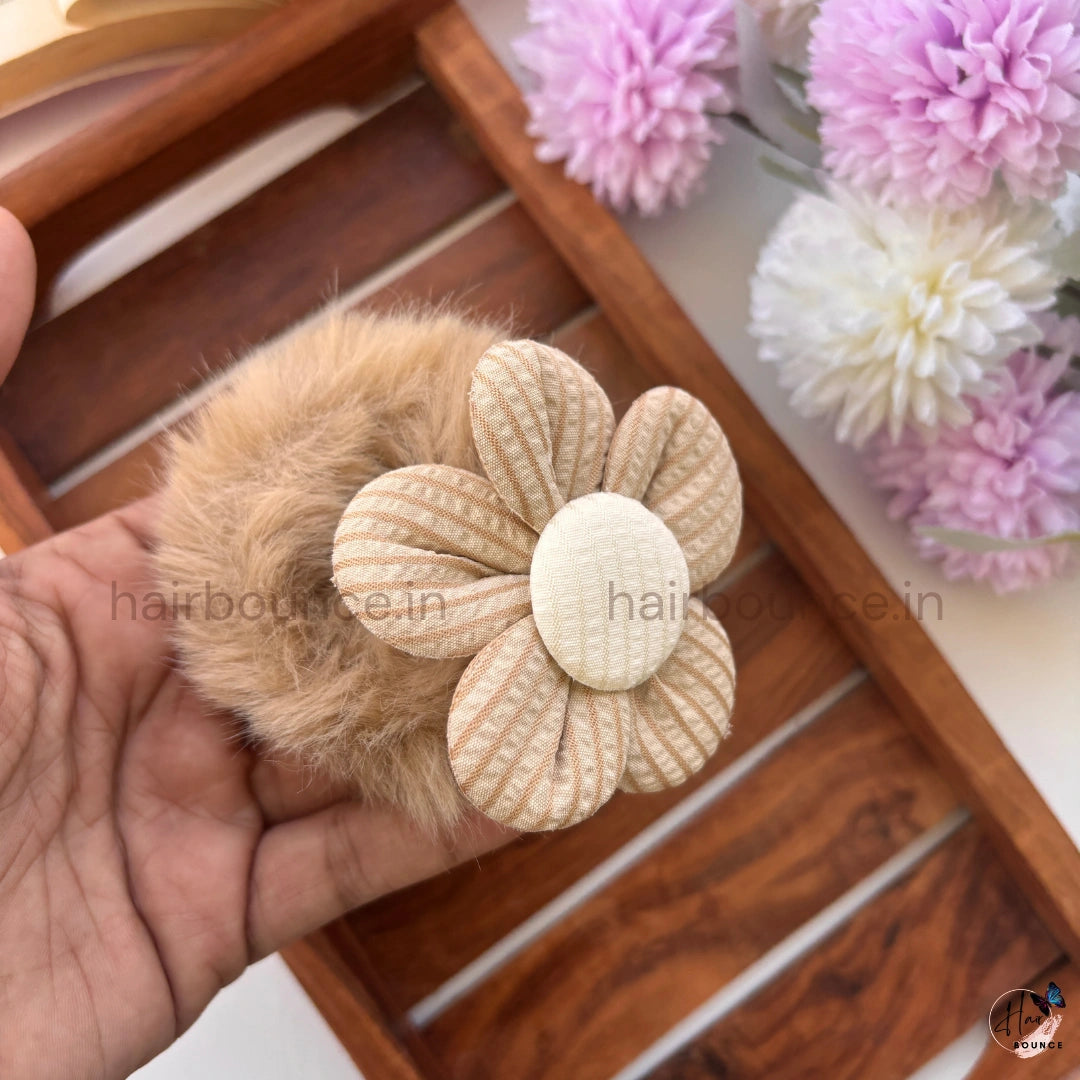 Bloom Fluff Fur Scrunchie | Soft Plush Floral Hair Scrunchie for Women & Girls