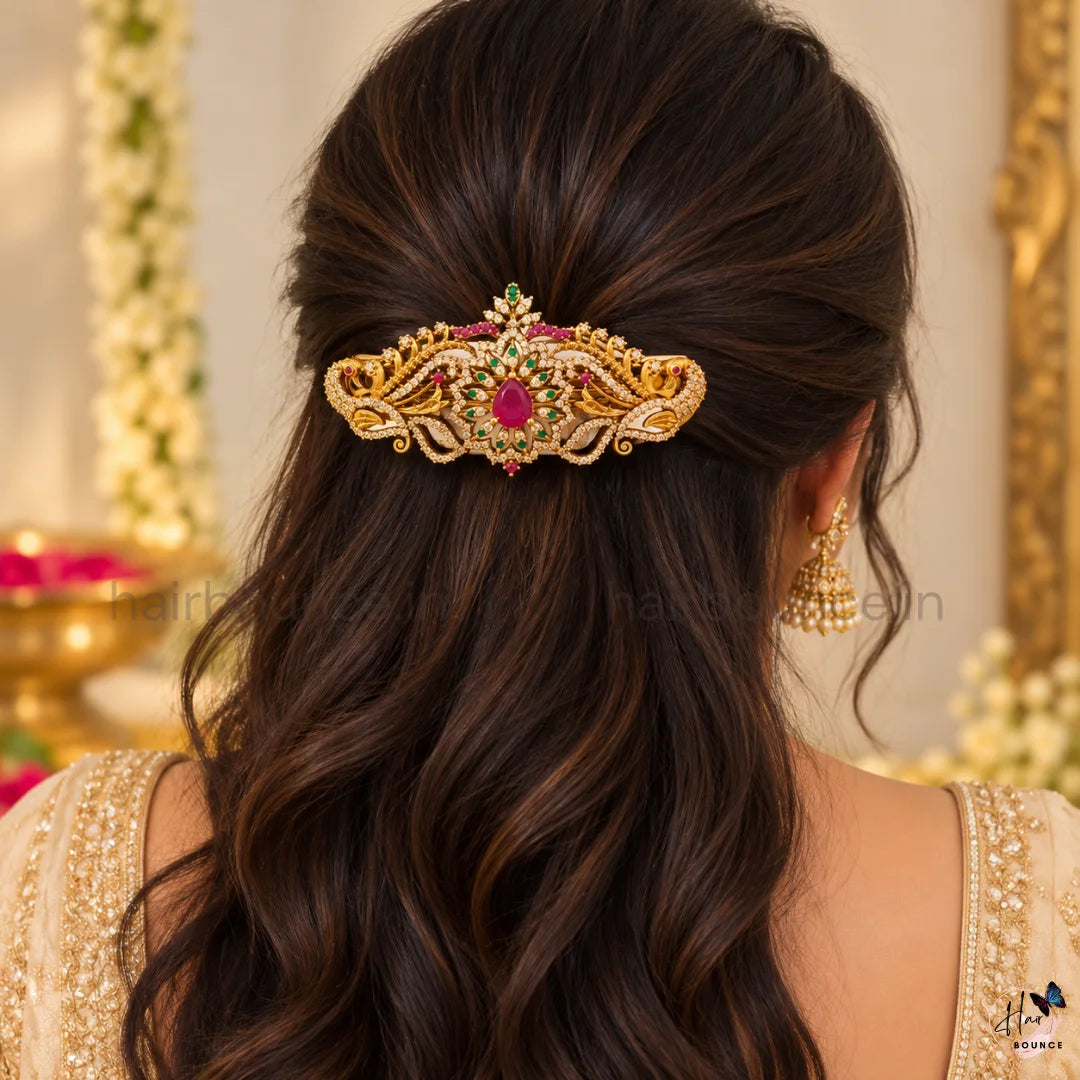 Royal Peacock Floral Kemp Center Hair Clip – Ruby Green