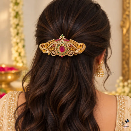 Royal Peacock Floral Kemp Center Hair Clip – Ruby Green