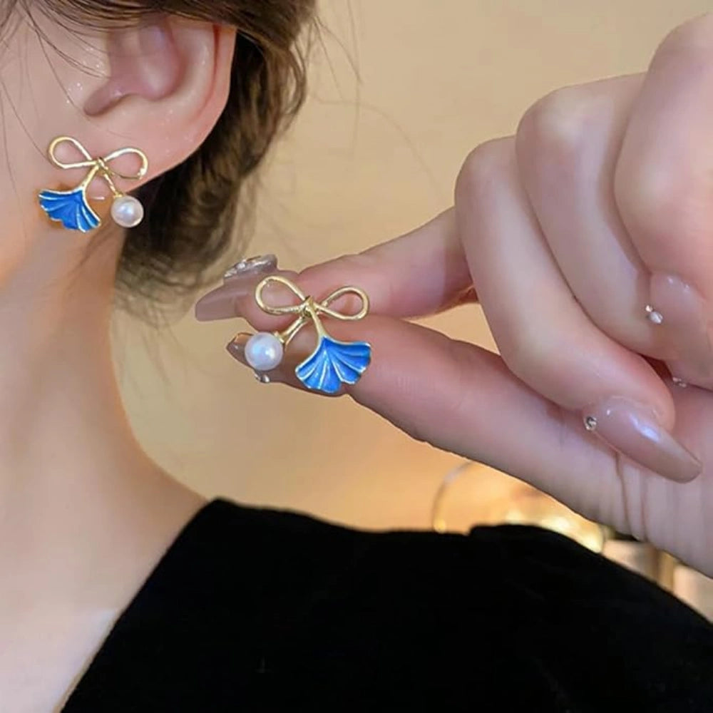 Pearl Grace Bow Earrings - Blue