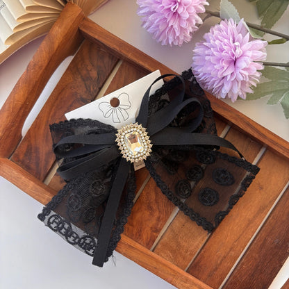 Royal Black Crystal Lace Bow Clip