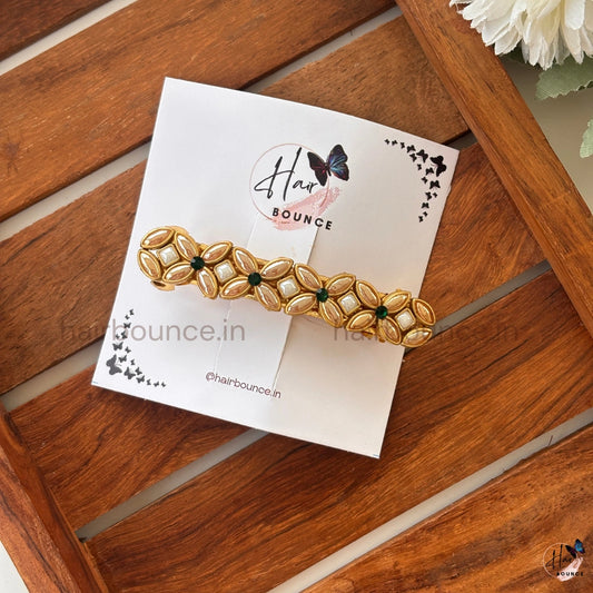 Emerald Pearl Kundan Hair Clip