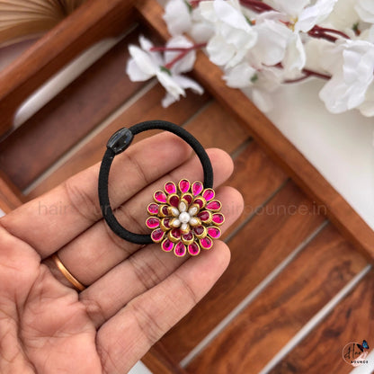 Pink Kundan Floral Hair Tie with Pearl Detailing