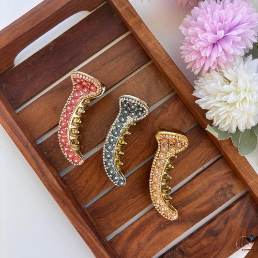 Crystal Studded Curved Hair Claw – Luxury Rhinestone Banana Hair Clip