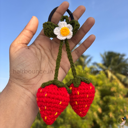 Handmade Crochet Strawberry Hair Tie with Daisy Flower