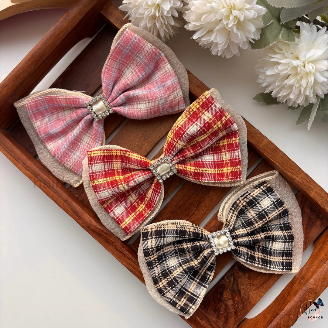 Vintage Plaid Bow Hair Clip with Pearl Frame