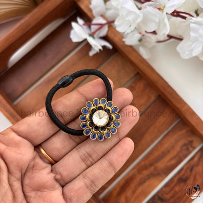 Royal Blue Kundan Floral Hair Tie with Crystal Stone