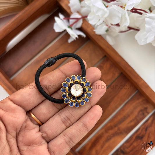 Royal Blue Kundan Floral Hair Tie with Crystal Stone