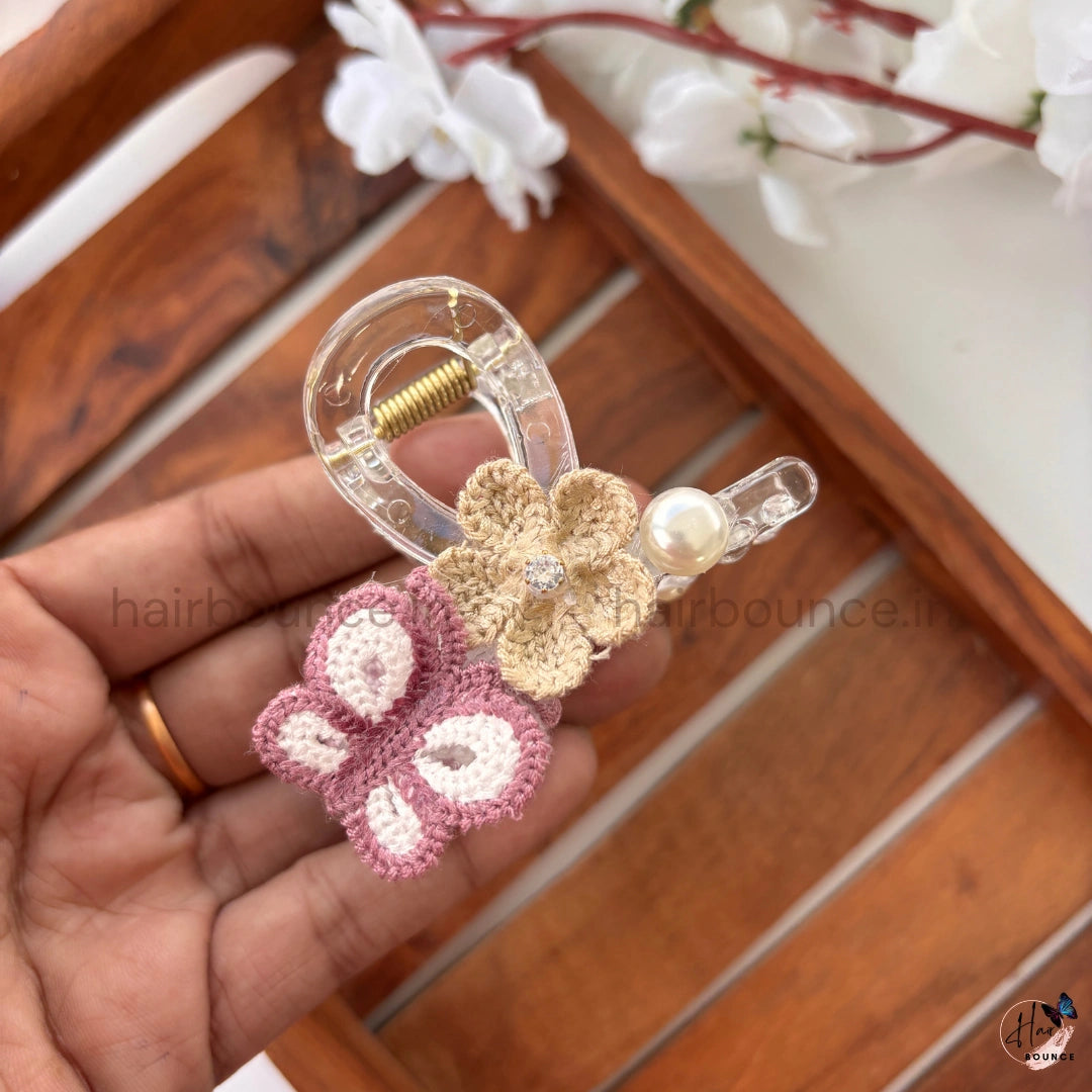 Handmade Crochet Butterfly & Flower Hair Claw – Medium