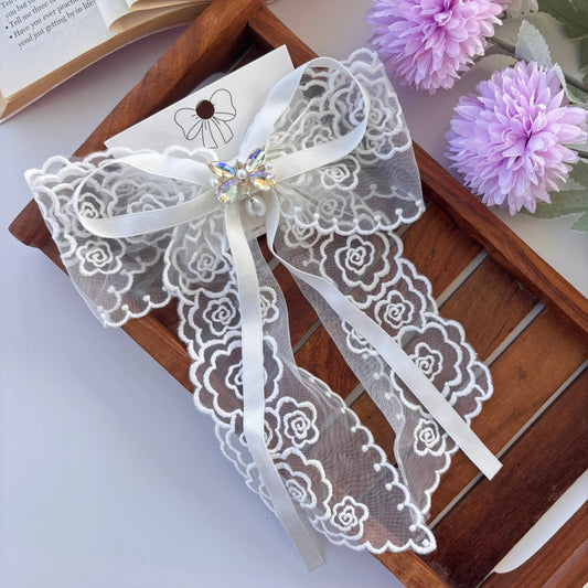 Crystal Pearl Floral Lace Bow Clip
