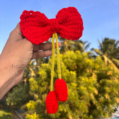 Handmade Crochet Bow Hair Tie with Dangling Charms – Red