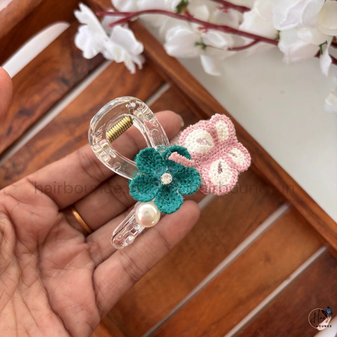Handmade Crochet Butterfly & Flower Hair Claw – Medium