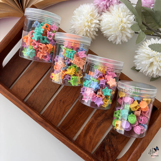 Colorful Mini Hair Claw Clip Jar – Pack of 50 | Cute Assorted Tiny Hair Clips for Girls (6 Designs)