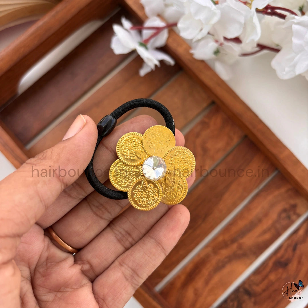 Lakshmi Coin Floral Hair Tie with Crystal Stone