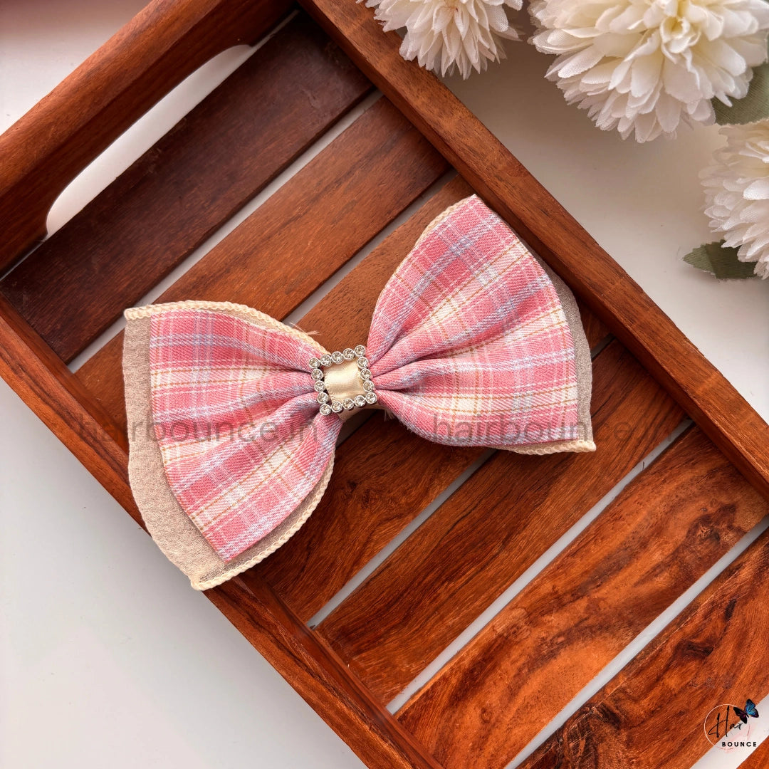 Vintage Plaid Bow Hair Clip with Pearl Frame