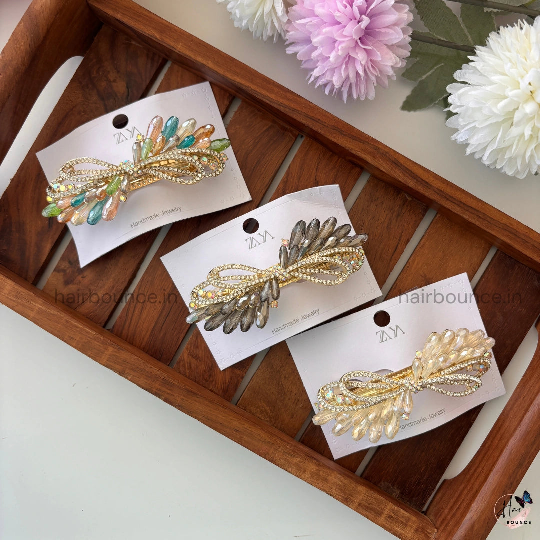 Crystal Feather Bow Bar Clip