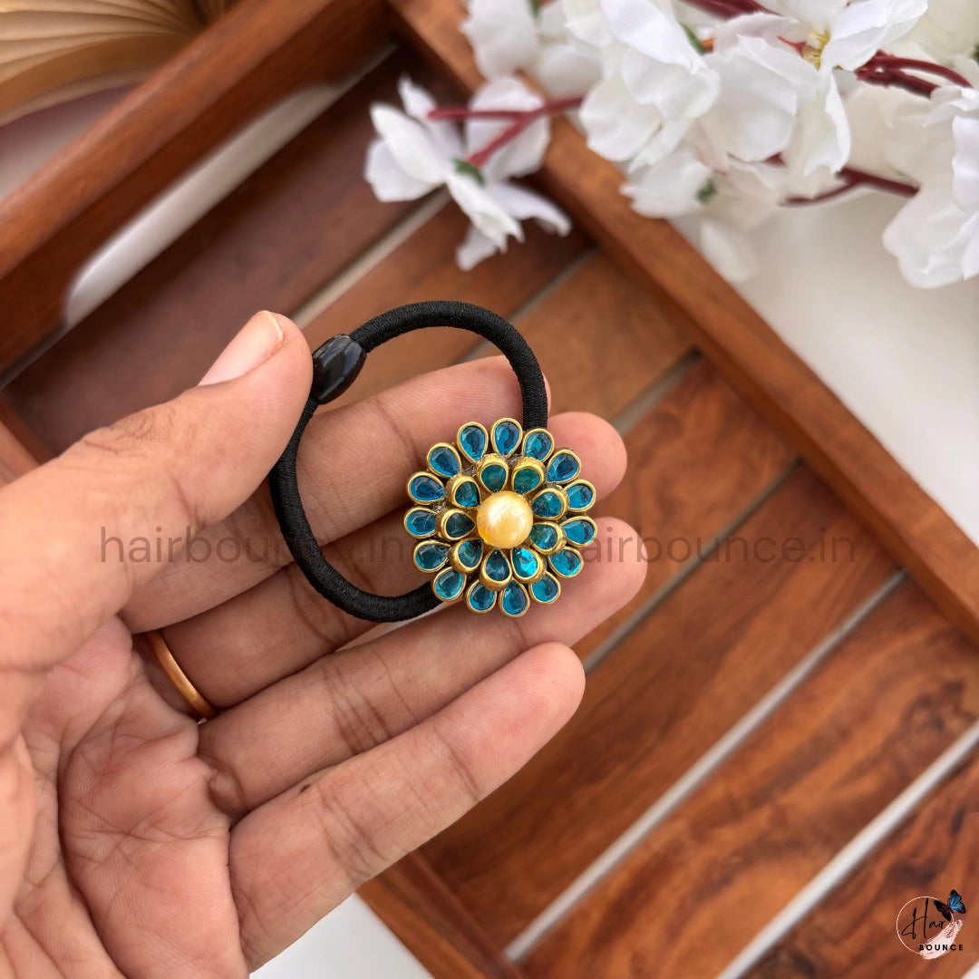 Blue Kundan Floral Hair Tie with Pearl