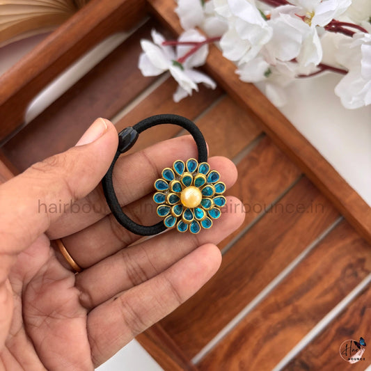 Blue Kundan Floral Hair Tie with Pearl