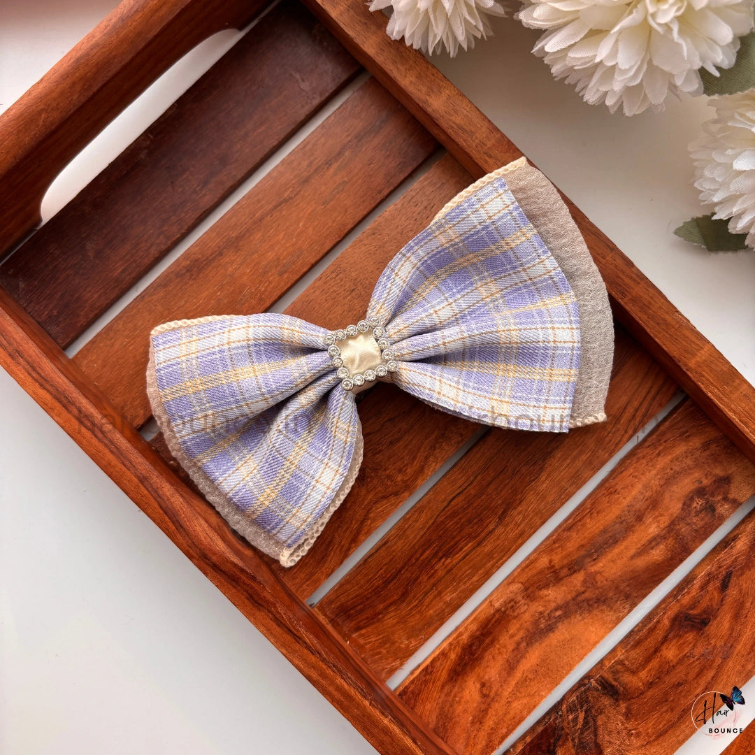 Vintage Plaid Bow Hair Clip with Pearl Frame