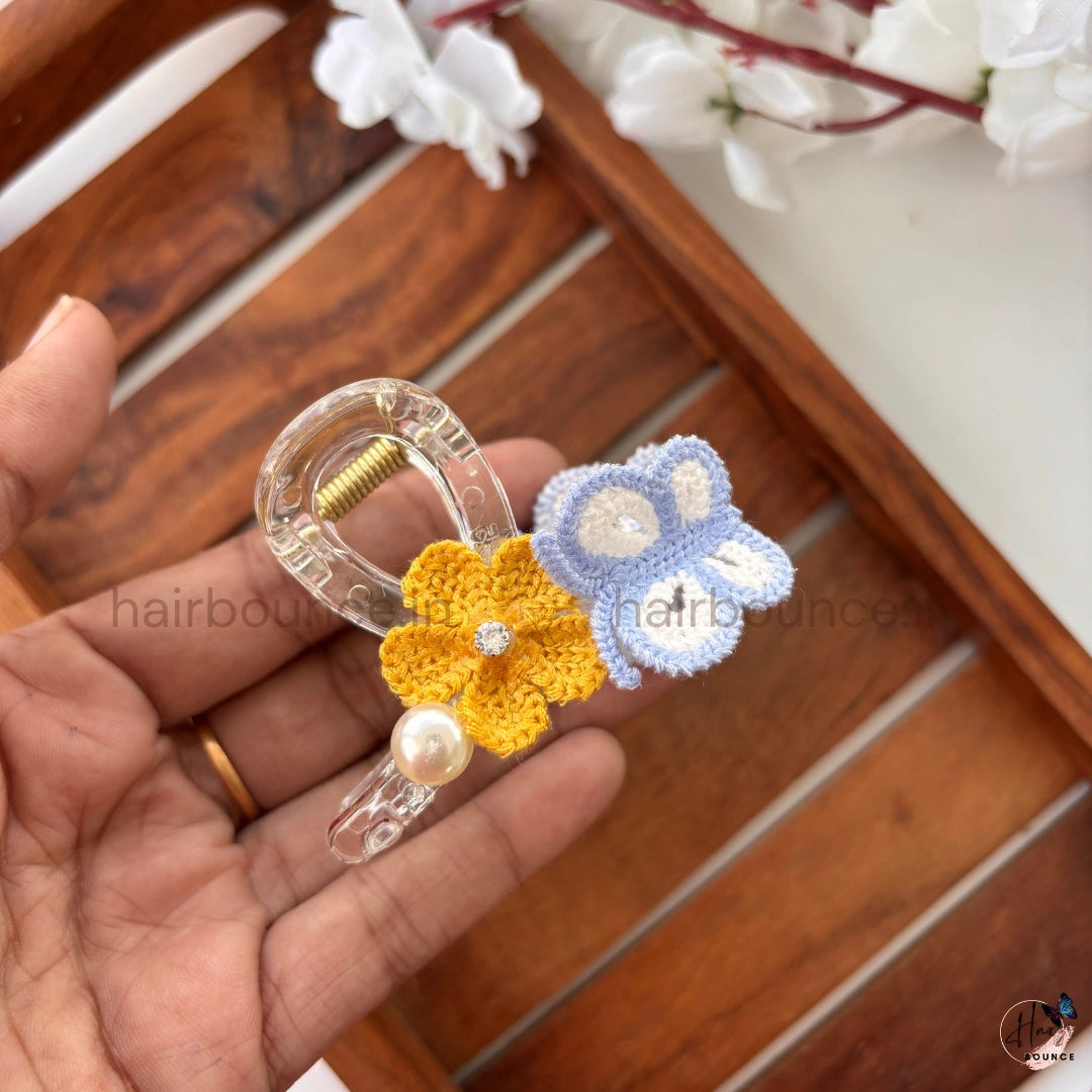 Handmade Crochet Butterfly & Flower Hair Claw – Medium