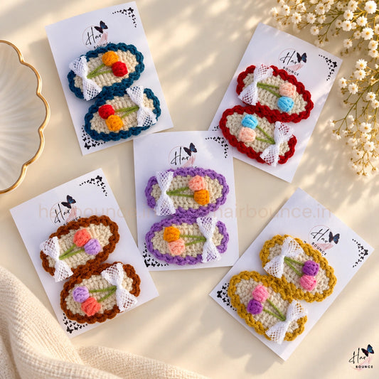 Premium Handmade Crochet Twin Tulip & Bow Tic Tac Hair Clips – Pack of 2