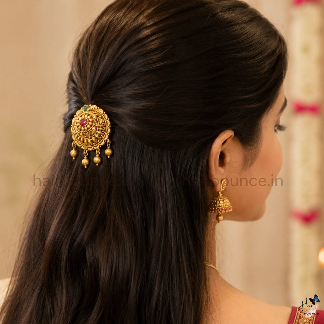 Antique Gold Kemp Floral Jada Billa with Dangling Beads