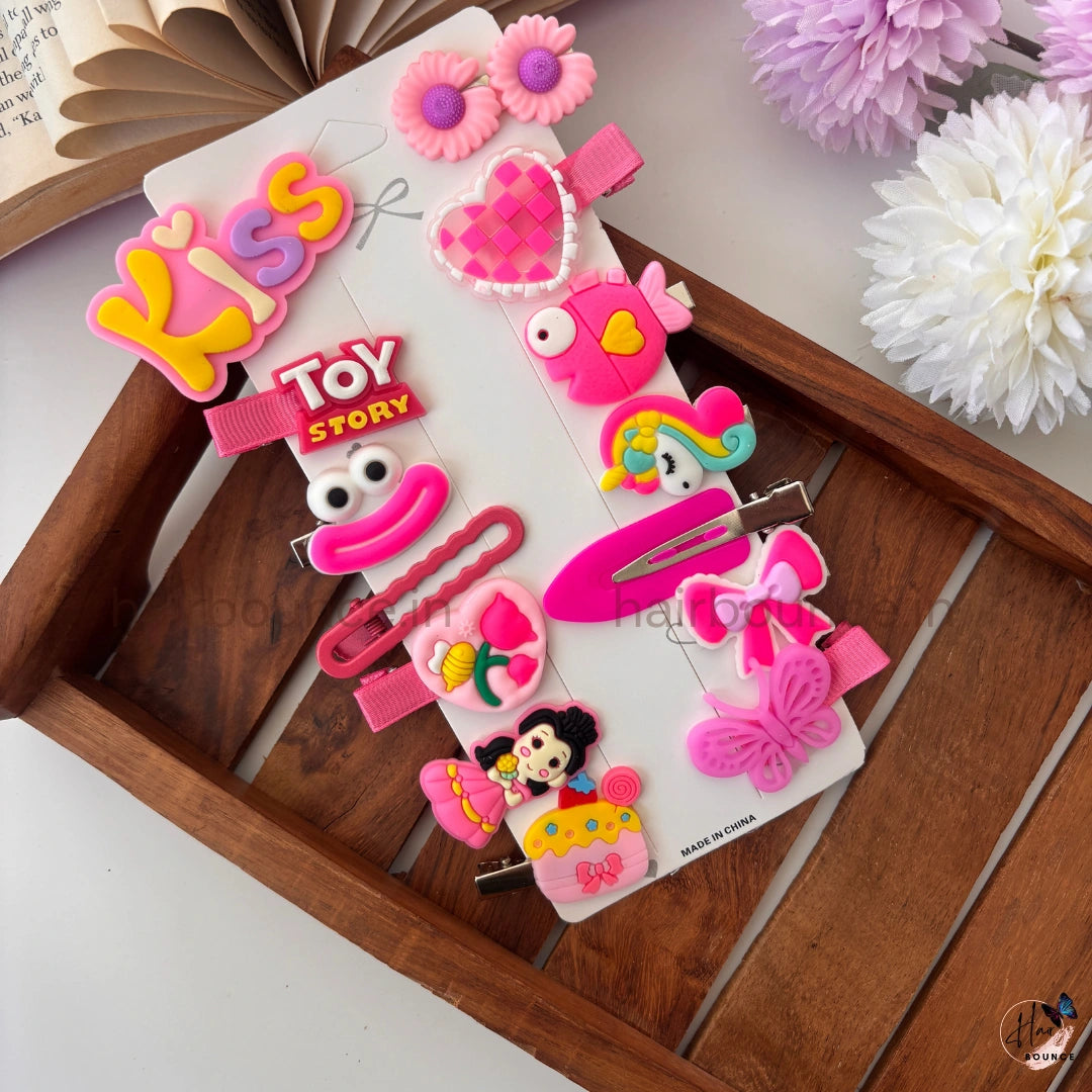 Candy Pink Kawaii Cartoon Hair Clip Combo – 14 Pieces