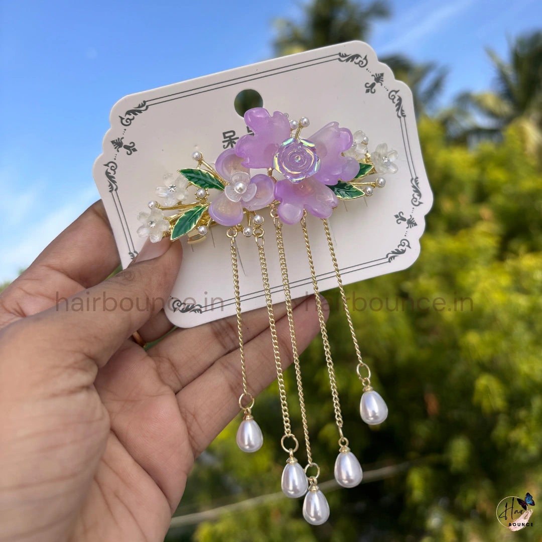 Crystal Rose & Blossom Pearl Tassel Hair Clip with Dangling Chains