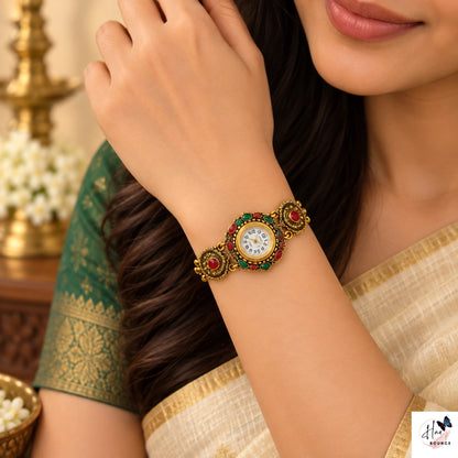 Antique Gold Kemp Stone Traditional Jewellery Watch – Red & Green
