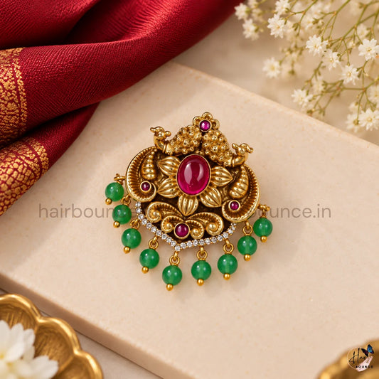 Premium Antique Peacock Kemp Hair Brooch with Green Bead Hangings