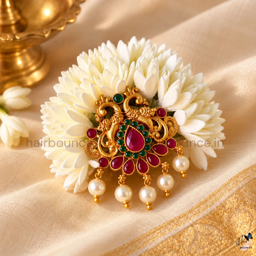 Royal Mayuri Kemp Floral Hair Brooch with Pearl Hangings
