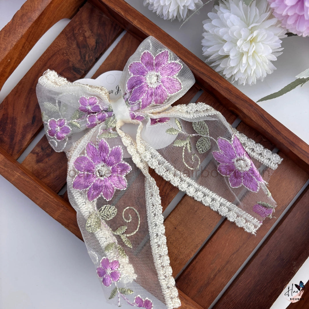Floral Embroidered Lace Bow Hair Clip