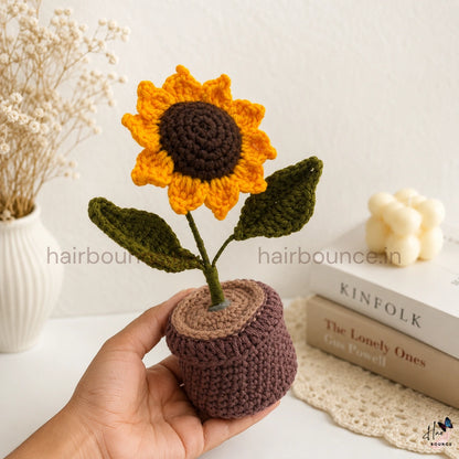 Handmade Crochet Flower Pot Collection | Knitted Sunflower & Tulip Desk Decor | Handmade Home & Office Decoration
