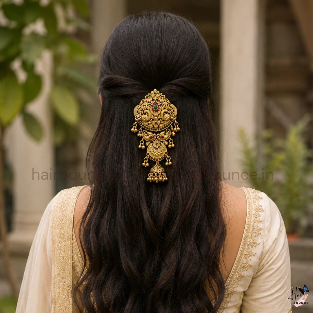 Royal Peacock Temple Jada Billa with Antique Gold Finish, Kemp Stones & Jhumka Danglers