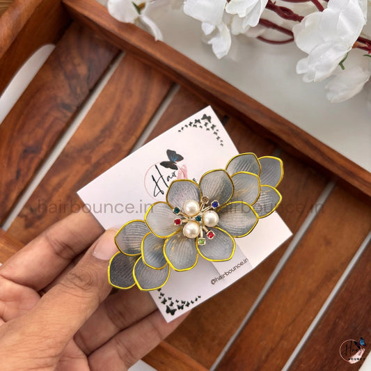 Smoky Grey Floral Center Hair Clip with Pearl & Stone Accent