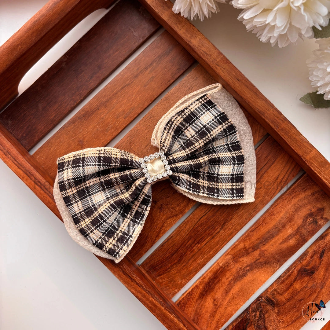 Vintage Plaid Bow Hair Clip with Pearl Frame