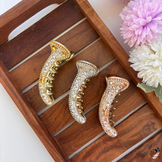 Royal Pearl & Crystal Curved Hair Claw – Luxury Designer Banana Hair Clip