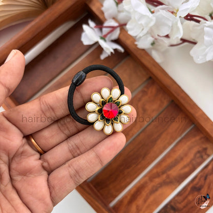 Floral Kundan Stone Hair Tie – Red & White