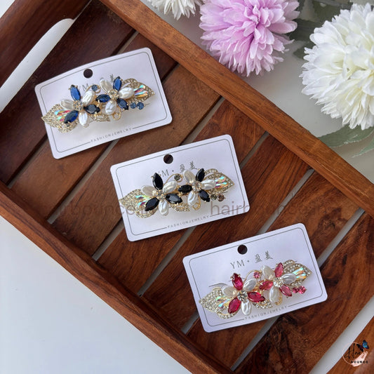 Elegant Pearl Blossom Hair Barrette – Crystal Floral Designer Clip