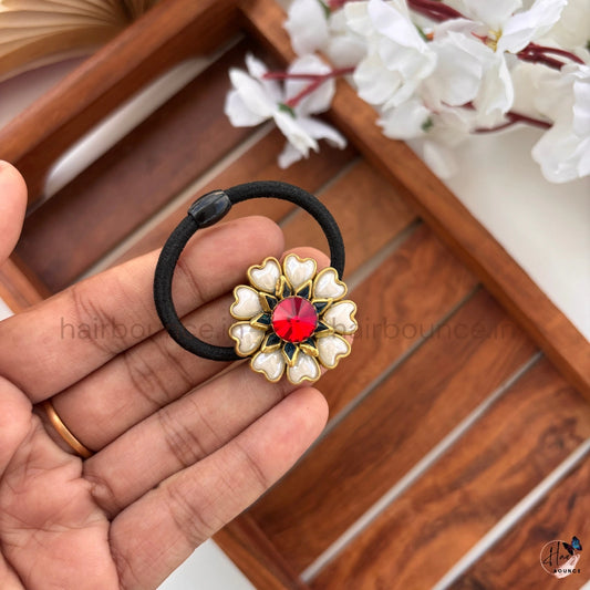 Floral Kundan Hair Tie with Red Stone & Pearl Petals