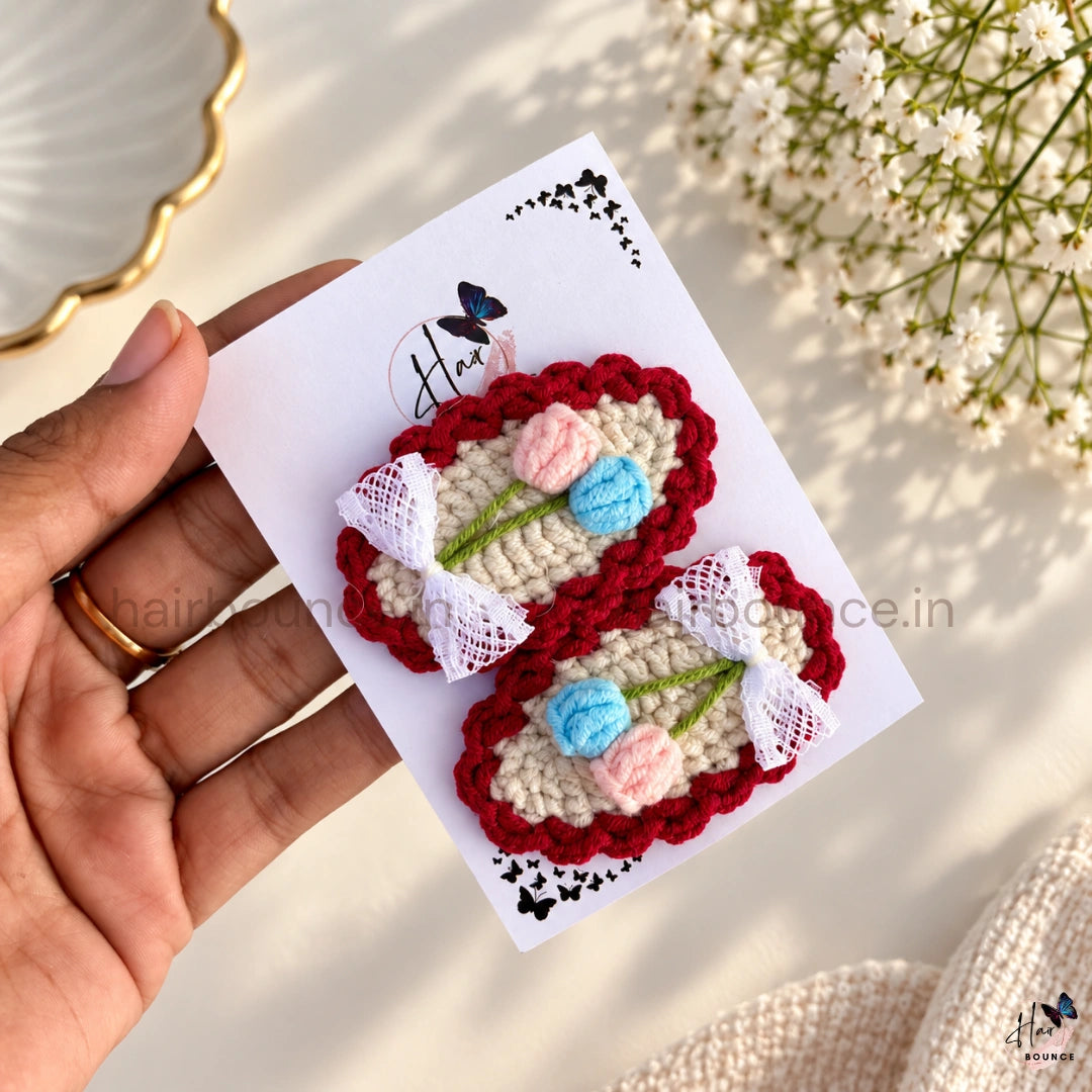 Premium Handmade Crochet Twin Tulip & Bow Tic Tac Hair Clips – Pack of 2