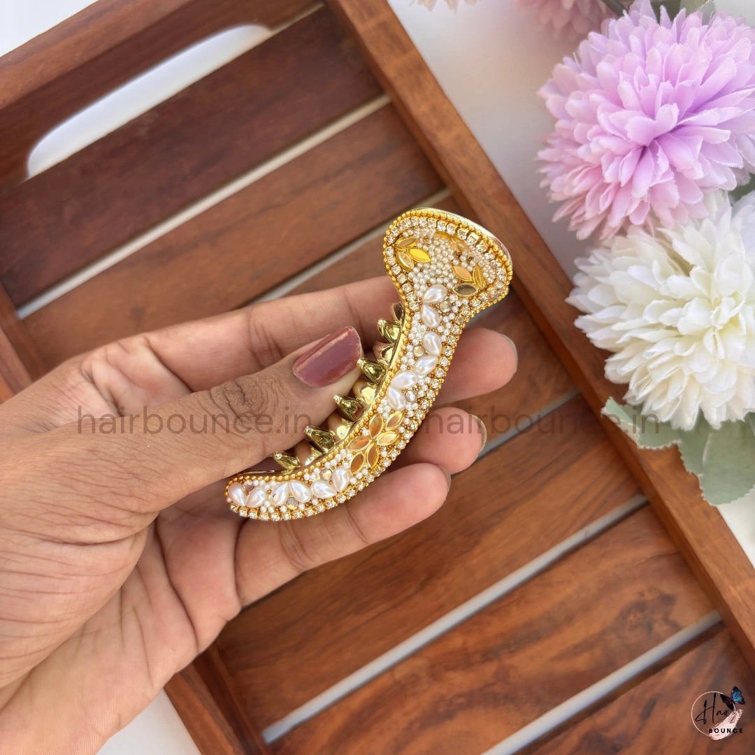 Royal Pearl & Crystal Curved Hair Claw – Luxury Designer Banana Hair Clip
