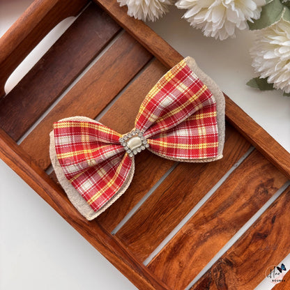 Vintage Plaid Bow Hair Clip with Pearl Frame