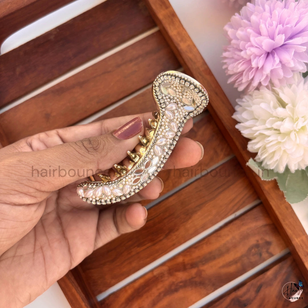 Royal Pearl & Crystal Curved Hair Claw – Luxury Designer Banana Hair Clip